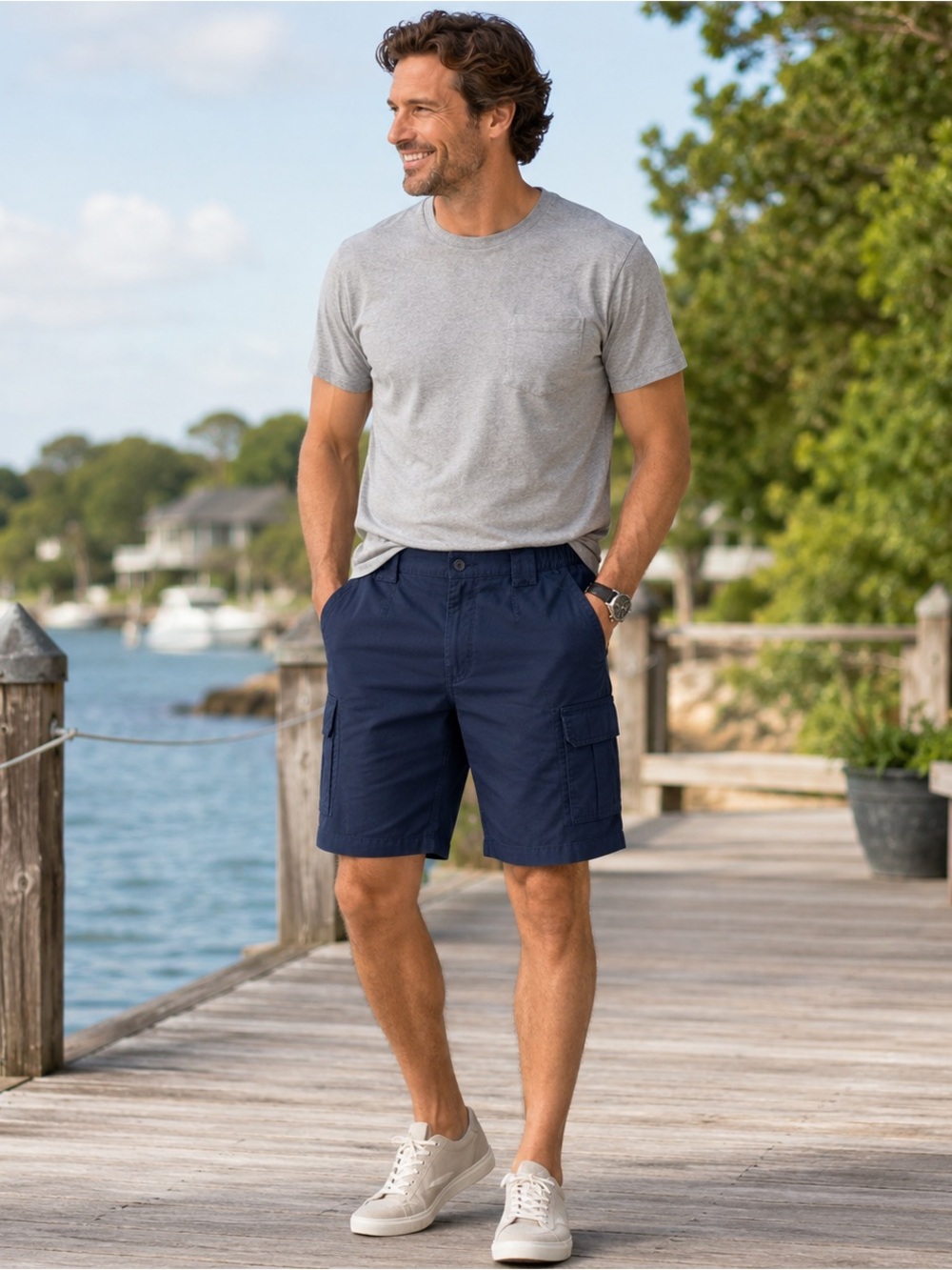 Savane Navy Cargo Shorts Men's 36 Elastic Waist Utility Casual Shorts